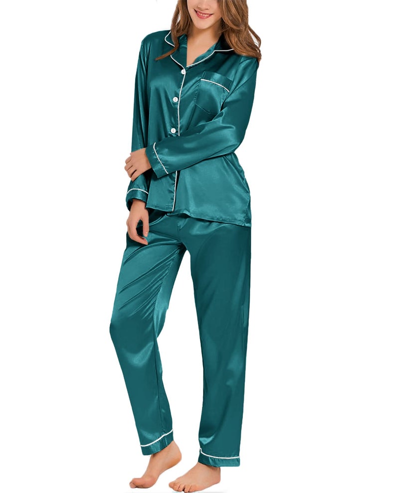 SWOMOG Womens Silk Satin Pajamas Long Sleeve Loungewear Two-Piece Sleepwear Button-Down Pj Set Green - Image 1